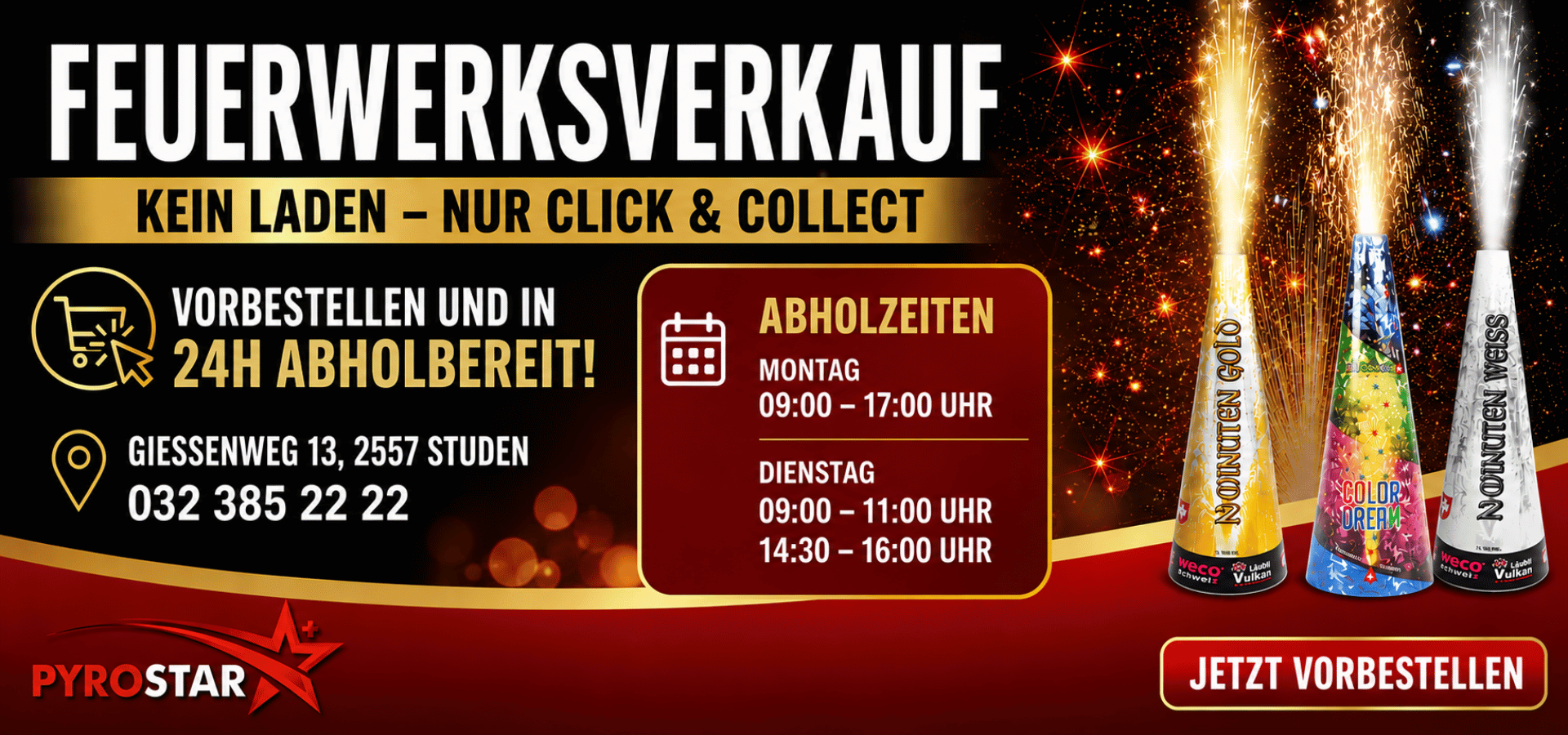 Feuerwerksverkauf Studen – Feuerwerk online vorbestellen und innerhalb 24 Stunden per Click & Collect abholen