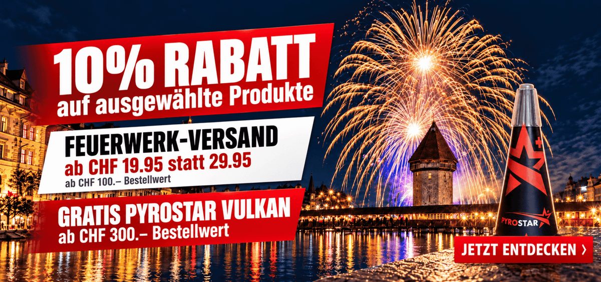 Pyrostar Feuerwerk Aktion: 10% Rabatt auf ausgewählte Produkte, Feuerwerk-Versand ab CHF 19.95 und gratis Pyrostar Vulkan ab CHF 300 Bestellwert.