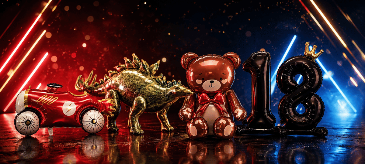 Moderne Folienballons mit Rennwagen, Dinosaurier, Teddybär und Zahlenballons auf dunklem, stimmungsvollem Hintergrund mit Lichteffekten und spiegelnder Oberfläche. Ideal für Geburtstage, Partys und besondere Anlässe.