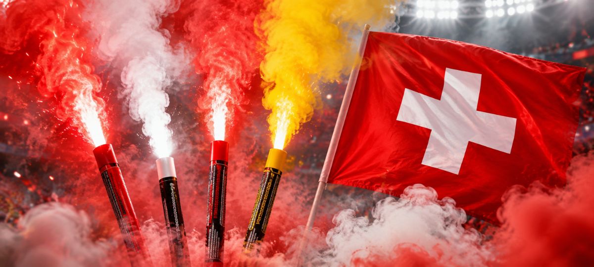 Rauchfackeln, Bengalfeuer und Schweizer Fahne für Sportanlässe und Fanaktionen.