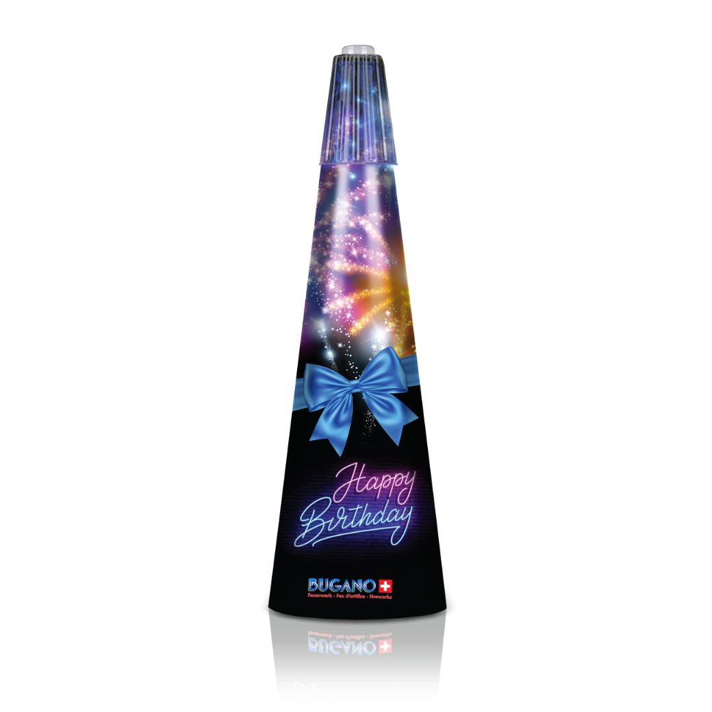 BUGANO Happy Birthday Feuerwerksvulkan mit blauer Schleife und farbigem Feuerwerksdesign auf weissem Hintergrund.