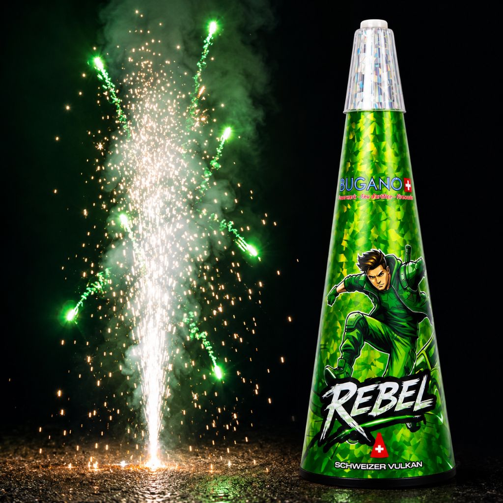 Bugano Rebel Vulkan mit Silber-Effekt und grünen Sternen – Schweizer Original Vulkan mit bis zu 8 Metern Effekthöhe.