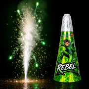 Bugano Rebel Vulkan mit Silber-Effekt und grünen Sternen – Schweizer Original Vulkan mit bis zu 7 Metern Effekthöhe.
