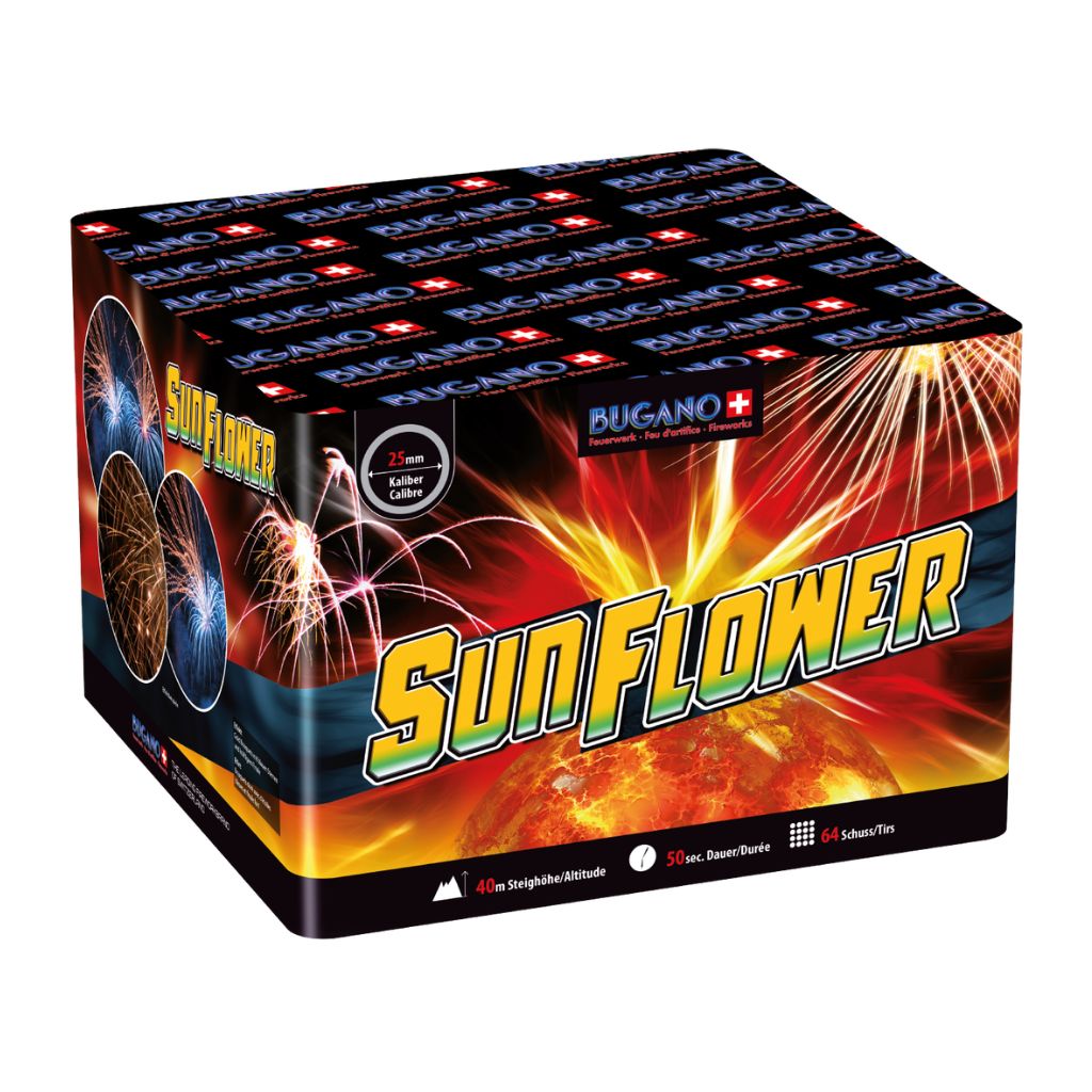 Bugano Sunflower Feuerwerksbatterie mit 64 Schuss Kategorie F3