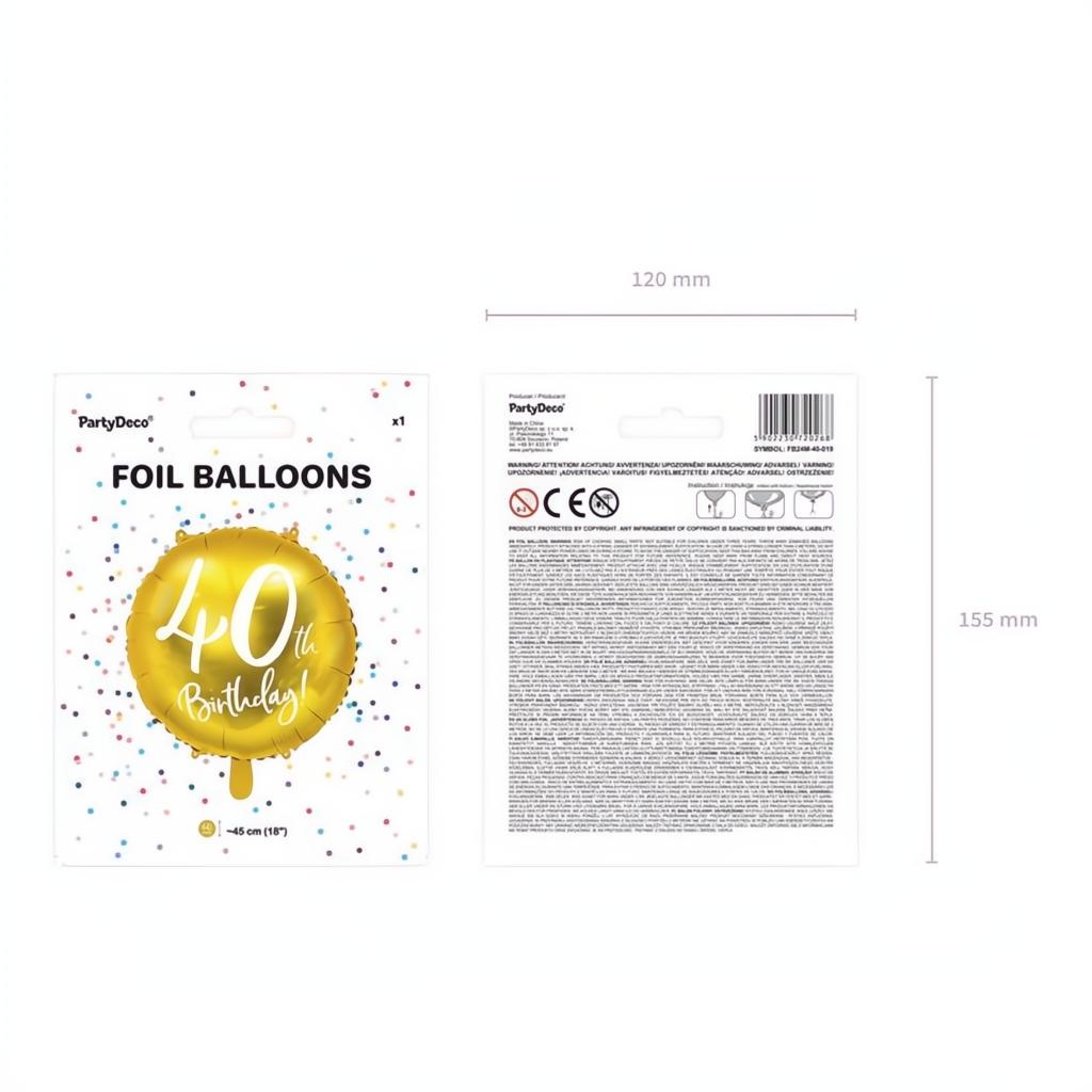 Folienballon 40th Birthday, gold, 45cm PartyDeco 7