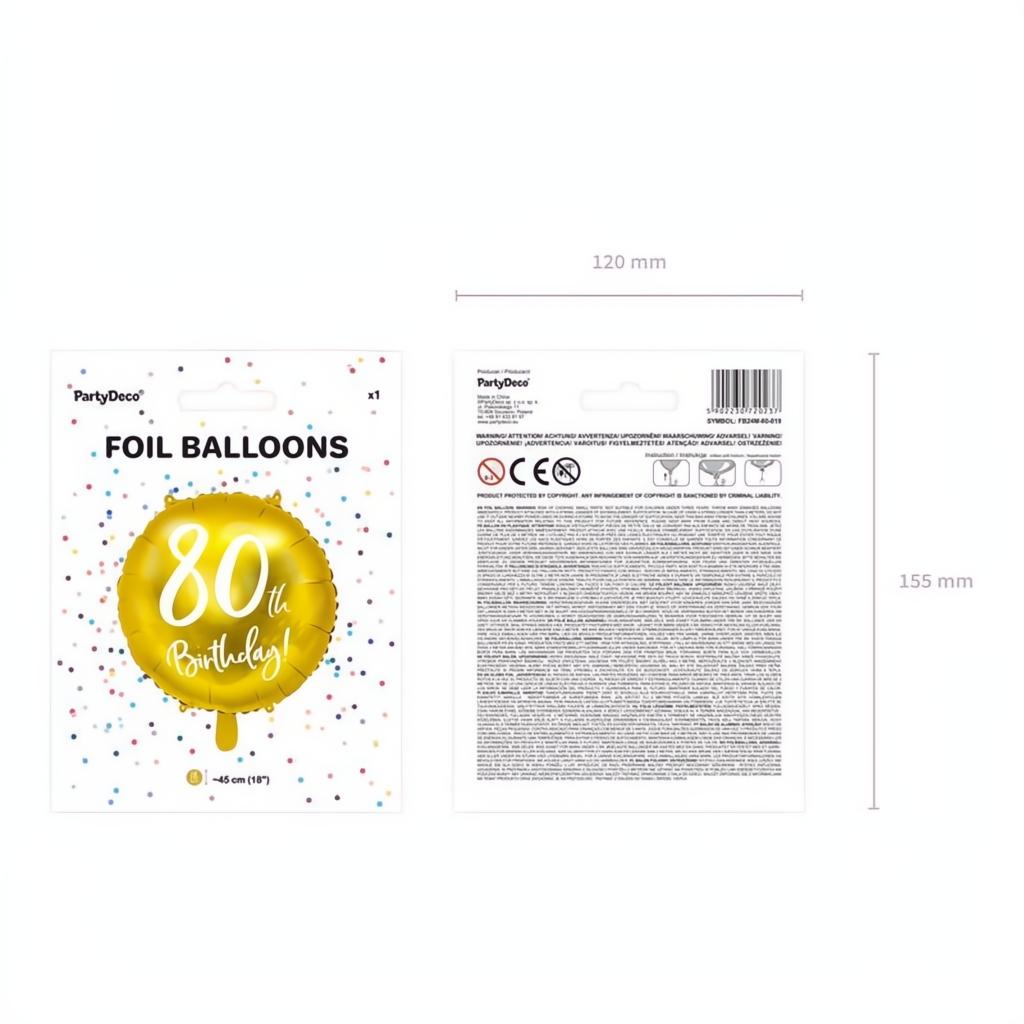 Folienballon 80th Birthday, gold, 45cm PartyDeco 5
