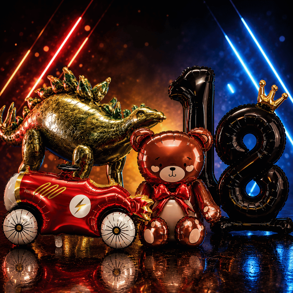 Folienballons mit Rennwagen, Dinosaurier, Teddybär und Zahlenmotiv für Geburtstage und Partys.